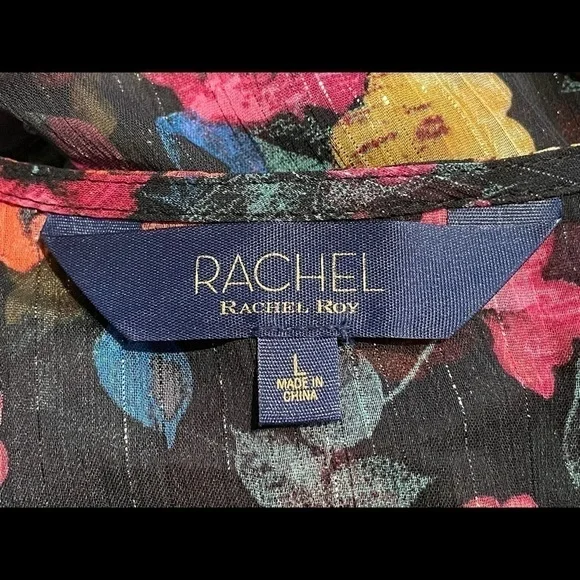 NWT Rachel Rachel Roy Black Mini Floral Chiffon Dress with Bell Sleeves Size L - Picture 6 of 8